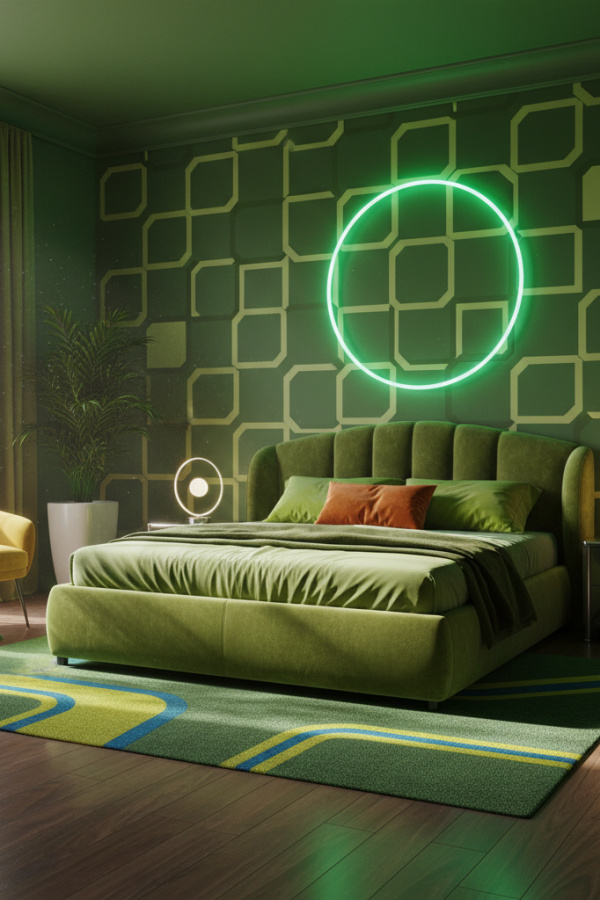 Modern Vibrant Pop Olive Green Bedroom, No Candles, Olive Green Velvet Bed, 1 Rust Orange Pillow, 1 Neon Circle Light Modern Vibrant Pop Olive Green Bedroom, No Candles, Olive Green Velvet Bed, 1 Rust Orange Pillow, 1 Neon Circle Light