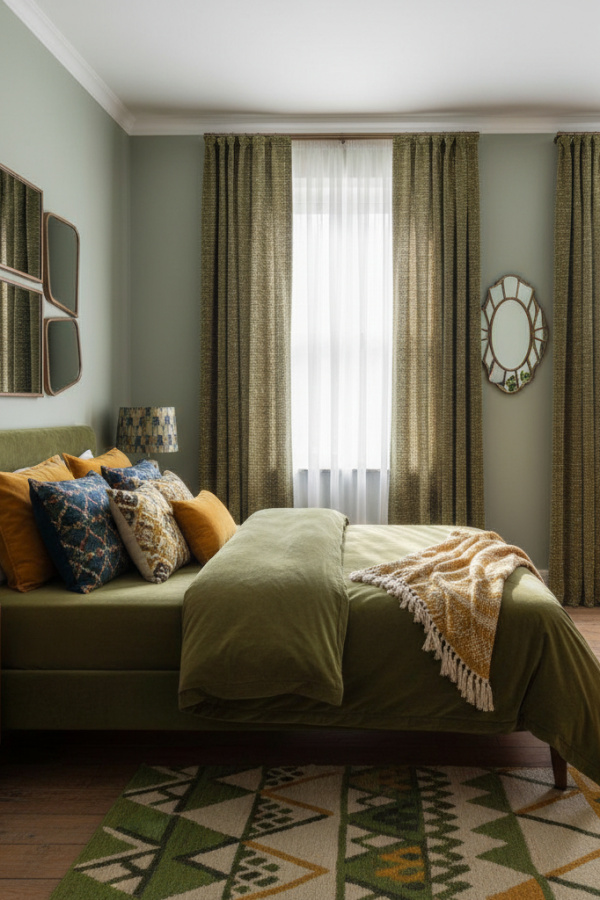 Modern Eclectic Charm Olive Green Bedroom, No Candles, Olive Green Curtains, 1 Mustard Yellow Cushion, 1 Mirrored Wall Art Modern Eclectic Charm Olive Green Bedroom, No Candles, Olive Green Curtains, 1 Mustard Yellow Cushion, 1 Mirrored Wall Art