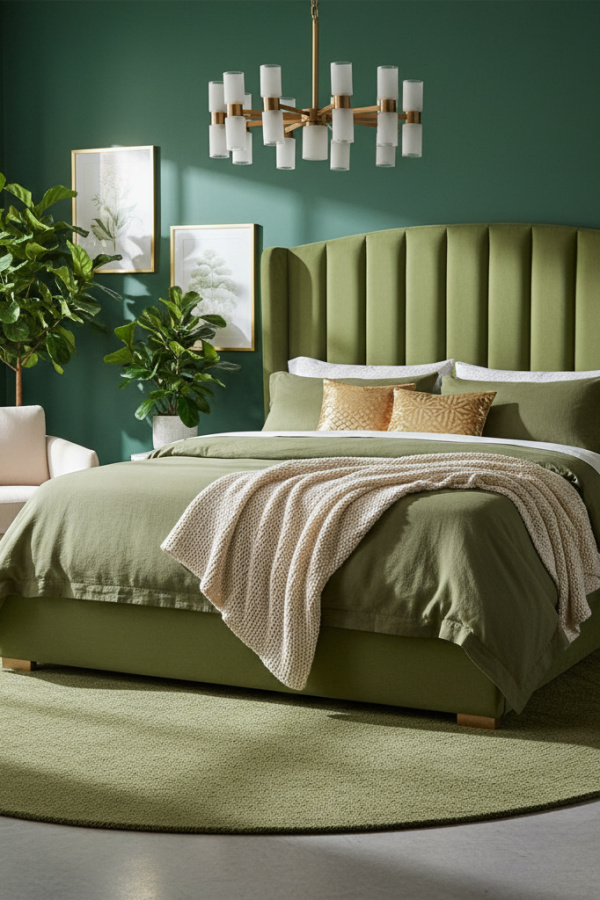 Modern Modern Romance Olive Green Bedroom, No Candles, Olive Green Headboard, 1 Cream Woven Throw, 1 Frosted Glass Chandelier Modern Modern Romance Olive Green Bedroom, No Candles, Olive Green Headboard, 1 Cream Woven Throw, 1 Frosted Glass Chandelier