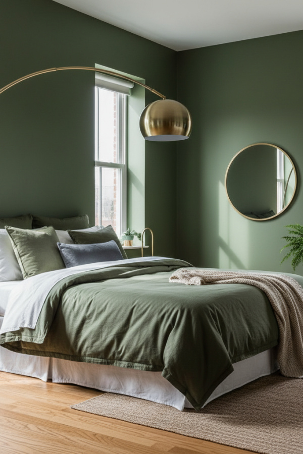 Modern Chic Tranquil Olive Green Bedroom, No Candles, Olive Green Walls, 1 Slate Gray Pillow, 1 Brass Arc Lamp Modern Chic Tranquil Olive Green Bedroom, No Candles, Olive Green Walls, 1 Slate Gray Pillow, 1 Brass Arc Lamp