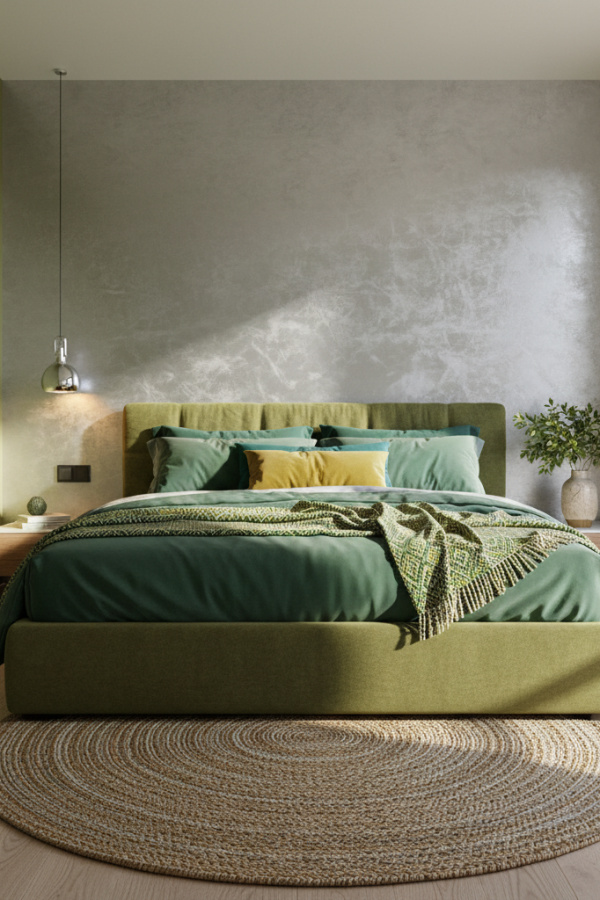 Modern Vibrant Bliss Olive Green Bedroom, No Candles, Olive Green Accent Wall, 1 Jute Rug, 1 Silver Wall Sconce Modern Vibrant Bliss Olive Green Bedroom, No Candles, Olive Green Accent Wall, 1 Jute Rug, 1 Silver Wall Sconce