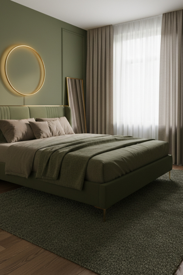 Modern Warm Luxe Olive Green Bedroom, No Candles, Olive Green Bedframe, 1 Taupe Linen Cushion, 1 Gold-Framed Lamp Modern Warm Luxe Olive Green Bedroom, No Candles, Olive Green Bedframe, 1 Taupe Linen Cushion, 1 Gold-Framed Lamp
