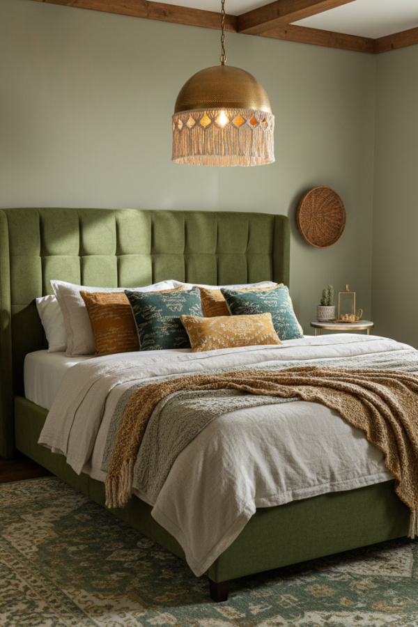 Modern Boho Chic Olive Green Bedroom, No Candles, Olive Green Upholstered Bed, 1 Cream Macramé Wall Hanging, 1 Brass Pendant Light Modern Boho Chic Olive Green Bedroom, No Candles, Olive Green Upholstered Bed, 1 Cream Macramé Wall Hanging, 1 Brass Pendant Light