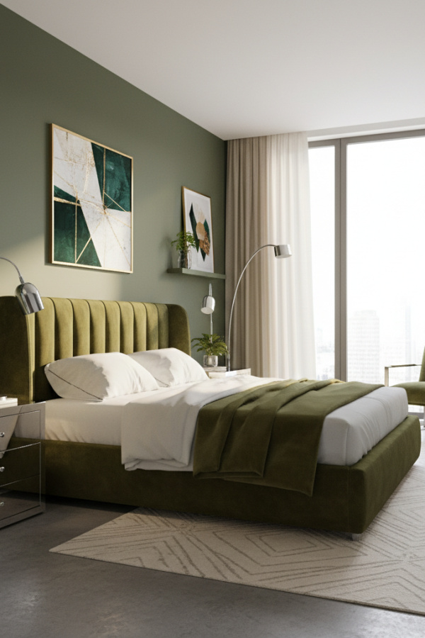 Modern Sleek Elegance Olive Green Bedroom, No Candles, Olive Green Velvet Armchair, 1 Mirrored Nightstand, 1 Chrome Floor Lamp Modern Sleek Elegance Olive Green Bedroom, No Candles, Olive Green Velvet Armchair, 1 Mirrored Nightstand, 1 Chrome Floor Lamp