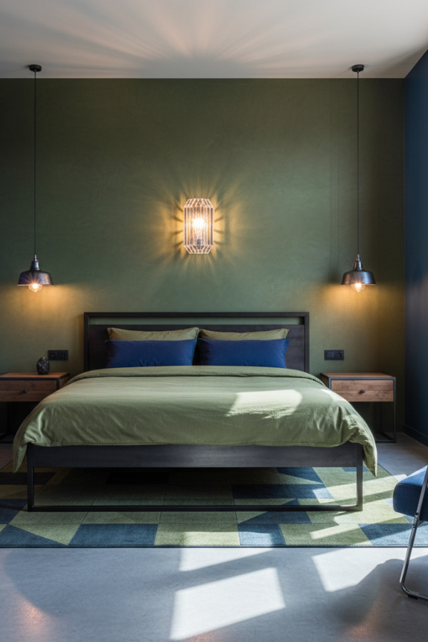 Modern Industrial Glow Olive Green Bedroom, No Candles, Olive Green Accent Wall, 2 Navy Pillows, 1 Crystal Wall Sconce Modern Industrial Glow Olive Green Bedroom, No Candles, Olive Green Accent Wall, 2 Navy Pillows, 1 Crystal Wall Sconce