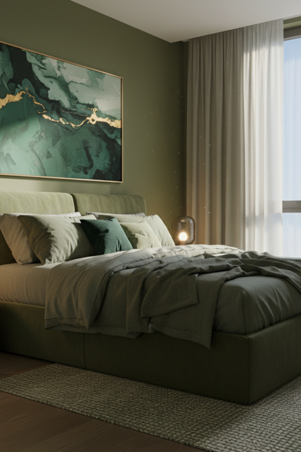 Modern Minimalist Luxe Olive Green Bedroom, No Candles, Olive Green Linen Bedframe, 1 Marble Side Table, 1 Frosted Glass Lamp Modern Minimalist Luxe Olive Green Bedroom, No Candles, Olive Green Linen Bedframe, 1 Marble Side Table, 1 Frosted Glass Lamp