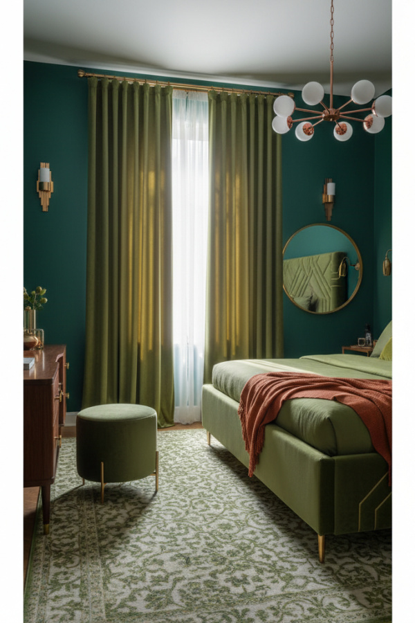 Modern Mid-Century Diva Olive Green Bedroom, No Candles, Olive Green Velvet Curtains, 1 Terracotta Throw, 1 Rose Gold Chandelier Modern Mid-Century Diva Olive Green Bedroom, No Candles, Olive Green Velvet Curtains, 1 Terracotta Throw, 1 Rose Gold Chandelier