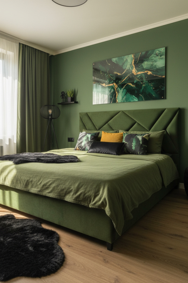 Modern Edgy Vibe Olive Green Bedroom, No Candles, Olive Green Headboard, 1 Black Fur Rug, 1 Acrylic Wall Art Modern Edgy Vibe Olive Green Bedroom, No Candles, Olive Green Headboard, 1 Black Fur Rug, 1 Acrylic Wall Art