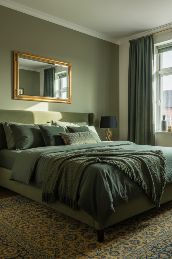 Modern Eclectic Bliss Olive Green Bedroom, No Candles, Olive Green Walls, 1 Gold-Framed Mirror, 1 Black Table Lamp Modern Eclectic Bliss Olive Green Bedroom, No Candles, Olive Green Walls, 1 Gold-Framed Mirror, 1 Black Table Lamp