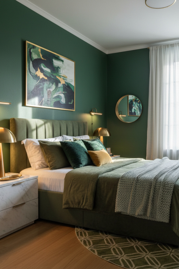 Modern Bold Serenity Olive Green Bedroom, No Candles, Olive Green Bedspread, 1 White Marble Nightstand, 1 Brass Wall Sconce Modern Bold Serenity Olive Green Bedroom, No Candles, Olive Green Bedspread, 1 White Marble Nightstand, 1 Brass Wall Sconce