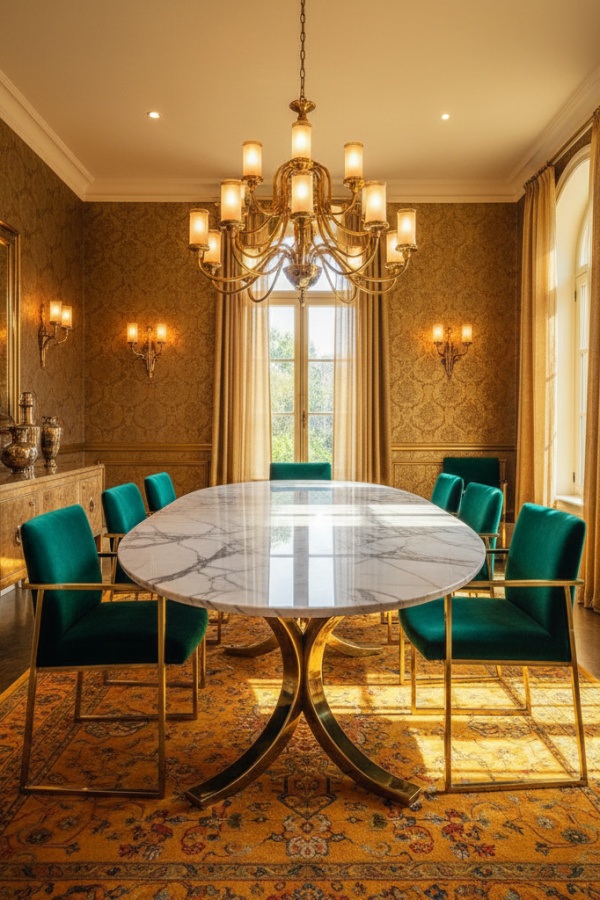 Marble Top Oval Table With A Vibrant Brass Pedestal Base