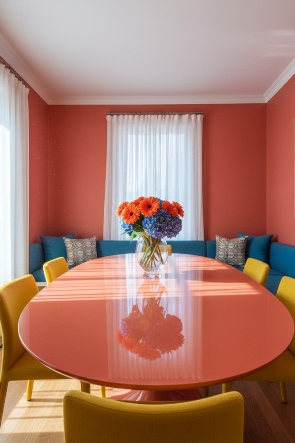 High-Gloss Lacquer Oval Table In A Vibrant Contemporary Dining Room