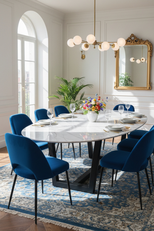White Marble Oval Table With A Bright Black Metal Base