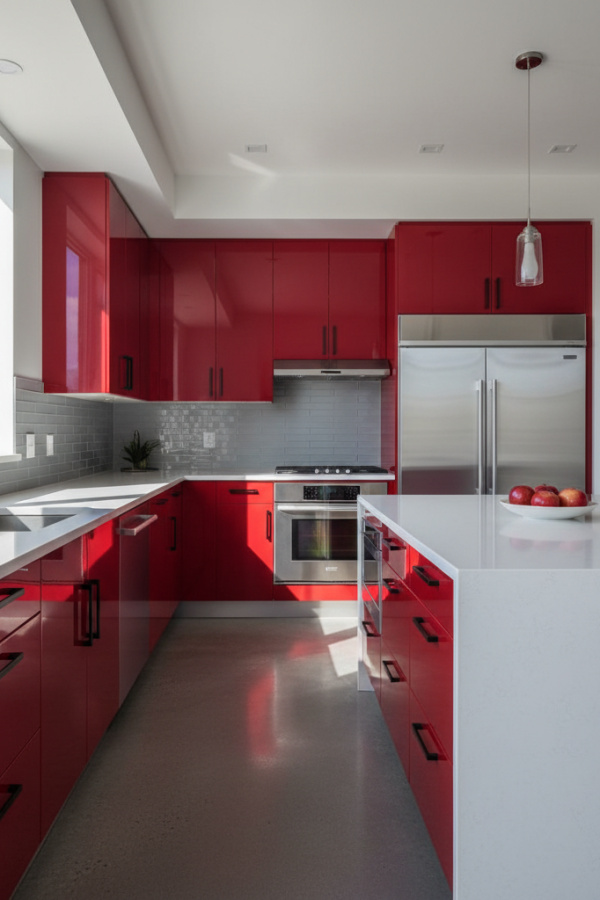 Kitchen Cabinets, Crimson Red Cabinetry, White Quartz Countertop, Bright Modern Kitchen Kitchen Cabinets, Crimson Red Cabinetry, White Quartz Countertop, Bright Modern Kitchen