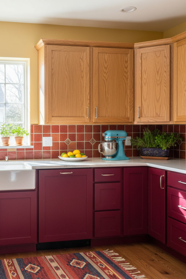 Kitchen Cabinets, Cardinal Red Lower, Natural Oak Upper, Bright Warm Kitchen Kitchen Cabinets, Cardinal Red Lower, Natural Oak Upper, Bright Warm Kitchen