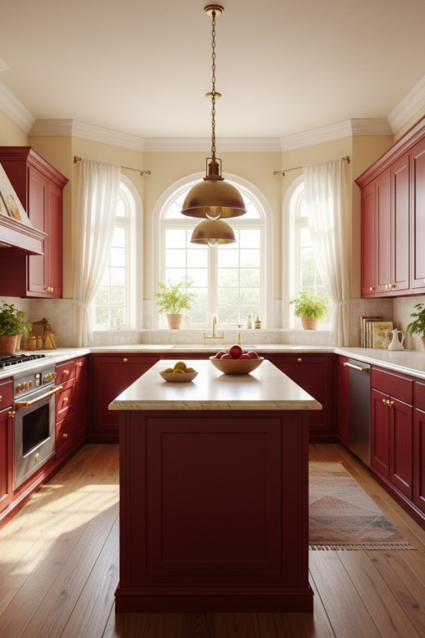 Kitchen Cabinets, Wine Red Cabinetry, Cream Marble Countertop, Sunlit Elegant Kitchen Kitchen Cabinets, Wine Red Cabinetry, Cream Marble Countertop, Sunlit Elegant Kitchen