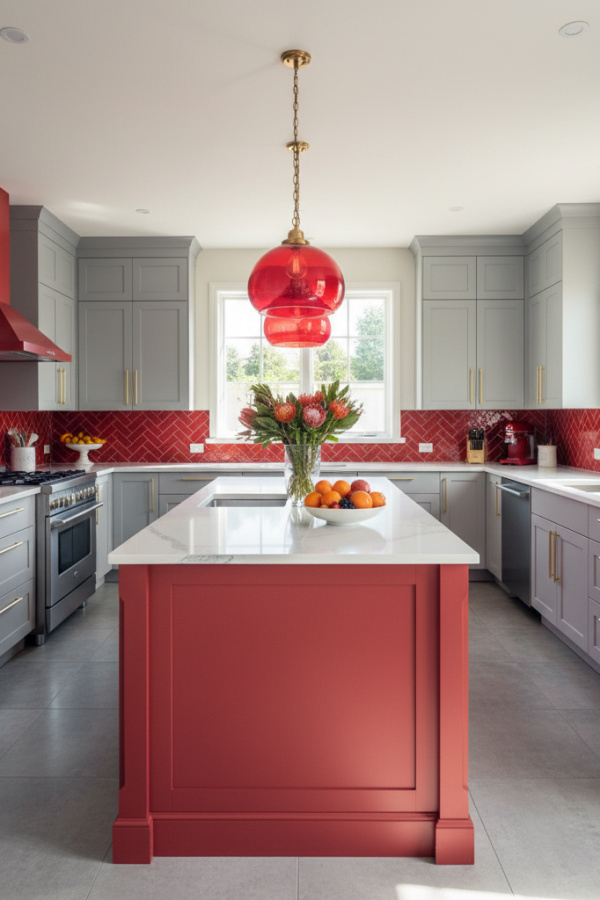 Kitchen Cabinets, Coral Red Island, Soft Gray Perimeter, Vibrant Modern Kitchen Kitchen Cabinets, Coral Red Island, Soft Gray Perimeter, Vibrant Modern Kitchen