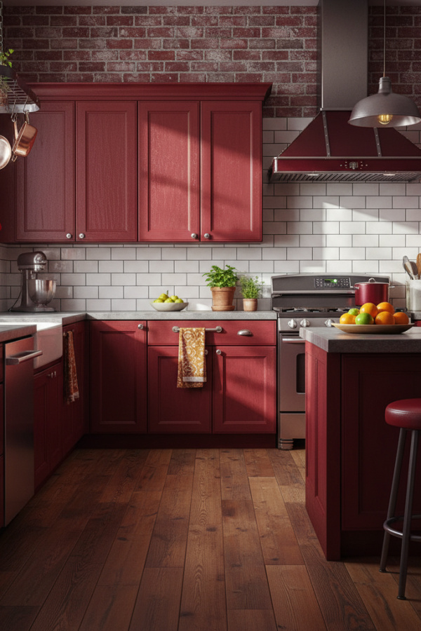 Kitchen Cabinets, Oxblood Red Lower, White Subway Tile, Bright Industrial Kitchen Kitchen Cabinets, Oxblood Red Lower, White Subway Tile, Bright Industrial Kitchen