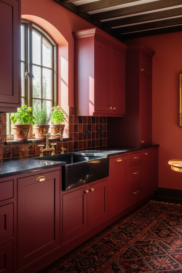 Kitchen Cabinets, Burnt Red Matte, Black Countertops, Sunlit Bold Kitchen Kitchen Cabinets, Burnt Red Matte, Black Countertops, Sunlit Bold Kitchen