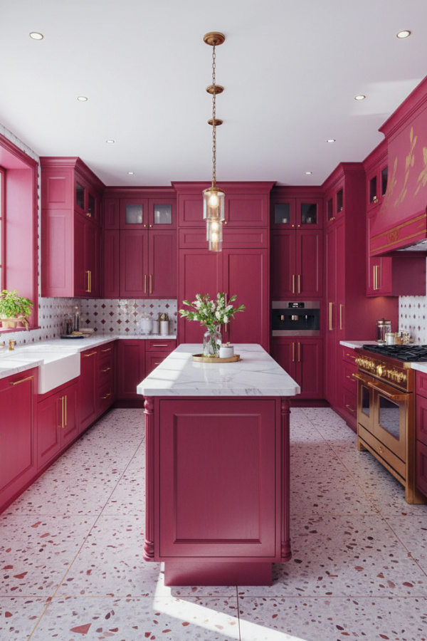 Kitchen Cabinets, Raspberry Red Cabinetry, White Marble, Vibrant Glam Kitchen Kitchen Cabinets, Raspberry Red Cabinetry, White Marble, Vibrant Glam Kitchen