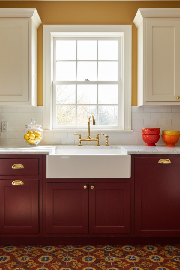 Kitchen Cabinets, Mahogany Red Lower, Ivory Upper, Bright Classic Kitchen Kitchen Cabinets, Mahogany Red Lower, Ivory Upper, Bright Classic Kitchen