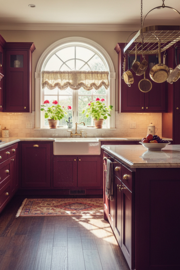 Kitchen Cabinets, Burgundy Red Island, Cream Perimeter Cabinets, Sunlit Traditional Kitchen Kitchen Cabinets, Burgundy Red Island, Cream Perimeter Cabinets, Sunlit Traditional Kitchen