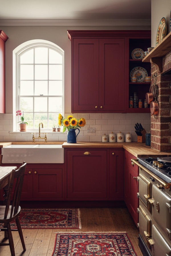 Kitchen Cabinets, Brick Red Matte Finish, Natural Wood Countertop, Vibrant Rustic Kitchen Kitchen Cabinets, Brick Red Matte Finish, Natural Wood Countertop, Vibrant Rustic Kitchen