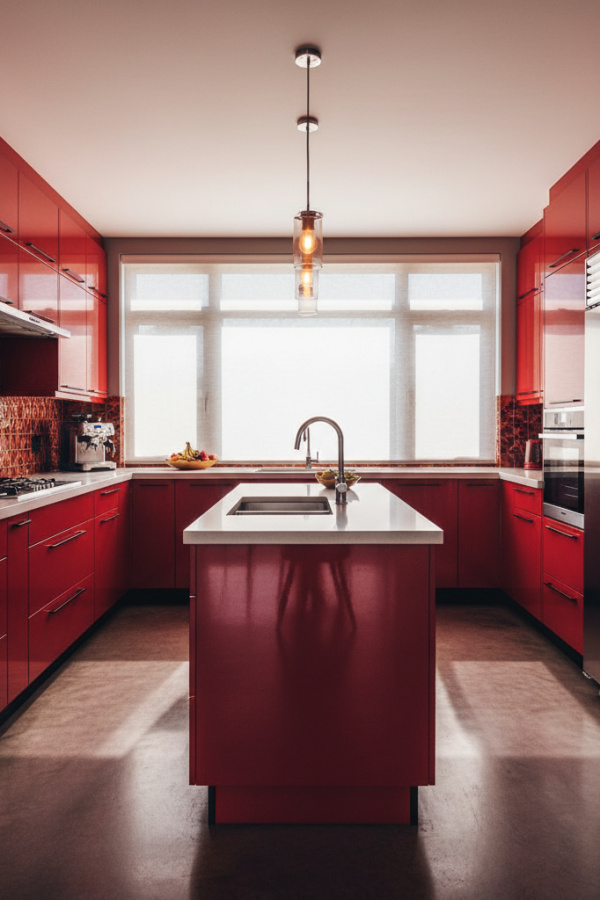 Kitchen Cabinets, Cherry Red Lacquer, Black Hardware Accents, Bright Contemporary Kitchen Kitchen Cabinets, Cherry Red Lacquer, Black Hardware Accents, Bright Contemporary Kitchen