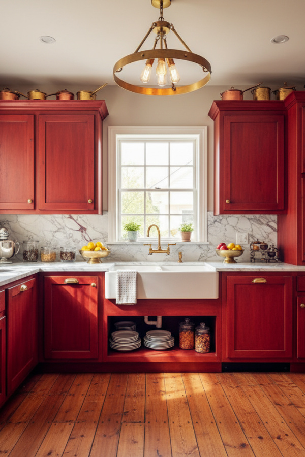Kitchen Cabinets, Barn Red Cabinetry, Marble Backsplash, Vibrant Country Kitchen Kitchen Cabinets, Barn Red Cabinetry, Marble Backsplash, Vibrant Country Kitchen