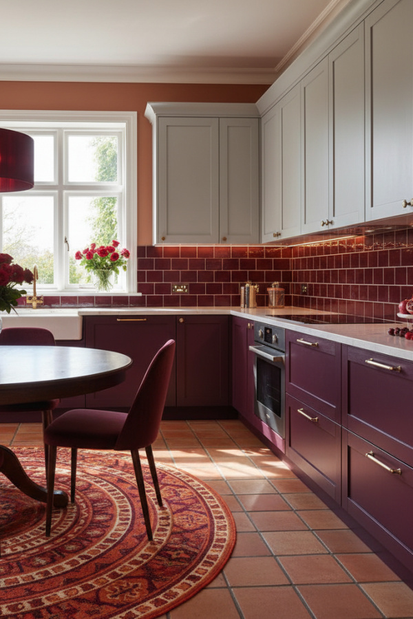 Kitchen Cabinets, Deep Burgundy Lower, Light Gray Upper, Bright Transitional Kitchen Kitchen Cabinets, Deep Burgundy Lower, Light Gray Upper, Bright Transitional Kitchen