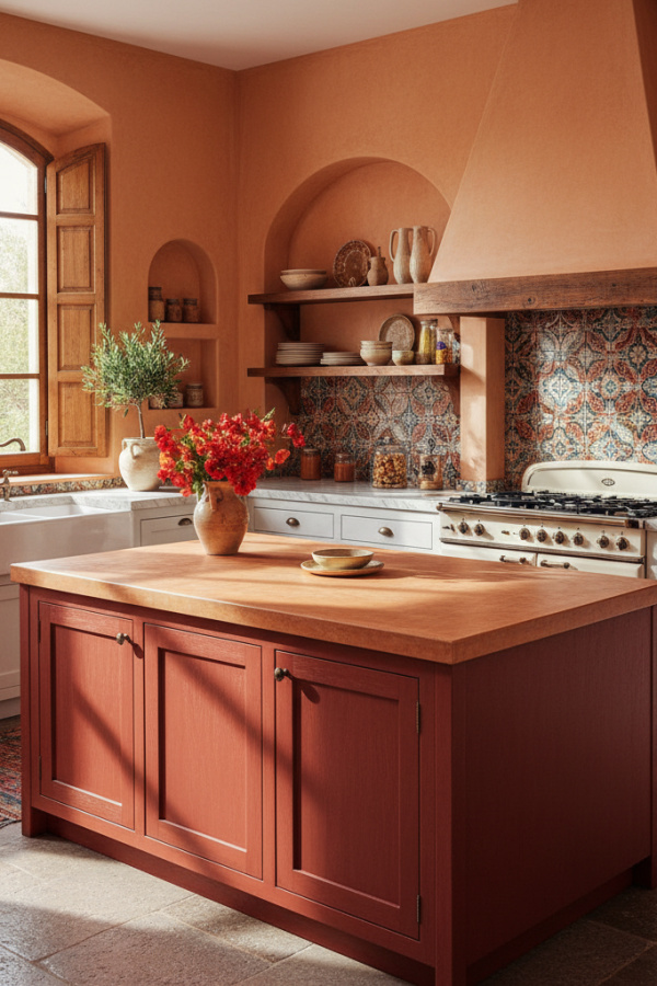 Kitchen Cabinets, Terracotta Red Island, White Shaker Perimeter, Sunlit Mediterranean Kitchen Kitchen Cabinets, Terracotta Red Island, White Shaker Perimeter, Sunlit Mediterranean Kitchen