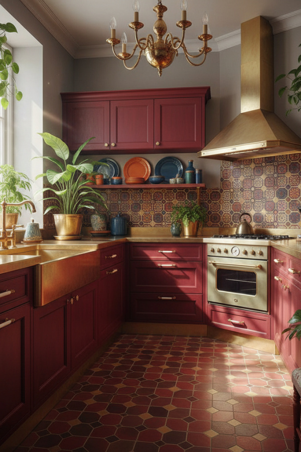 Kitchen Cabinets, Matte Red Cabinetry, Brass Hardware, Vibrant Eclectic Kitchen Kitchen Cabinets, Matte Red Cabinetry, Brass Hardware, Vibrant Eclectic Kitchen