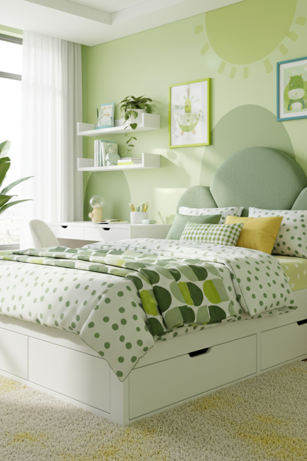 Kids Bed, Sage Green Upholstered Headboard, White Wood Frame, Built-In Storage, Bright Modern Kids Bedroom