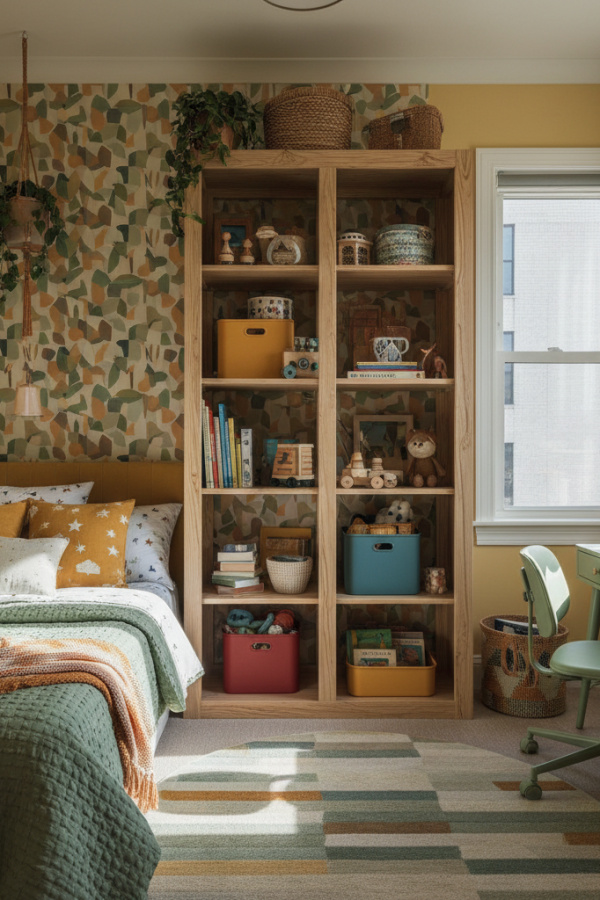 Twin Bed in Kids Room, Sage Green Duvet Cover, Mustard Yellow Pillows, Open Shelving, Bright Cheerful Kids Bedroom