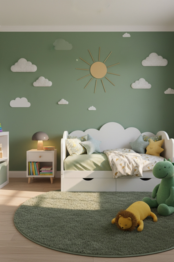 Kids Bed, Sage Green Wall Mural, White Furniture, Cloud Decals, Sunlit Dreamy Kids Bedroom