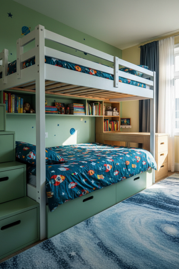 Bunk Bed in Kids Room, Sage Green Lower White Upper, Built-In Desk, Storage Stairs, Vibrant Space-Saving Kids Bedroom