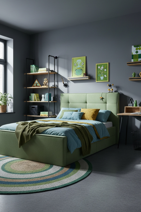 Kids Bed, Sage Green Upholstered Platform, Gray Walls, Black Metal Accents, Bright Industrial Kids Bedroom
