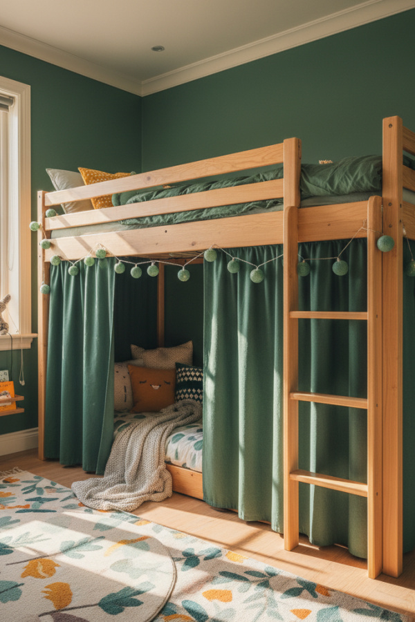 Loft Bed in Kids Room, Sage Green Curtain Below, Natural Wood Frame, Cozy Den Space, Sunlit Playful Kids Bedroom