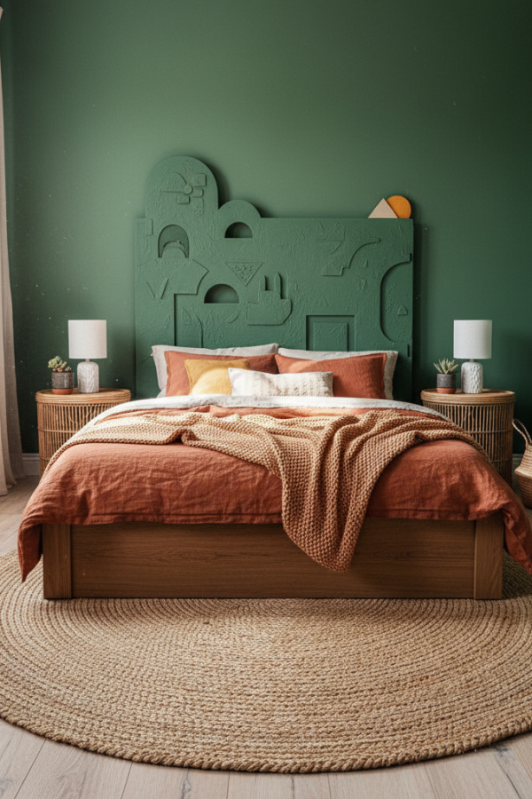 Kids Bed, Sage Green Painted Headboard, Terracotta Bedding, Rattan Accents, Vibrant Earthy Kids Bedroom
