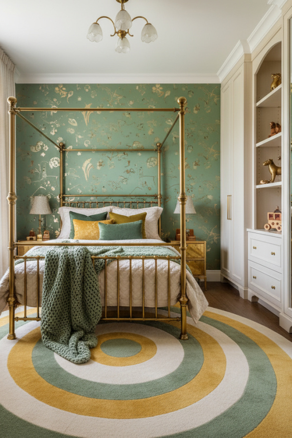 Kids Bed, Sage Green Accent Wallpaper, Cream Cabinetry, Brass Hardware, Sunlit Elegant Kids Bedroom