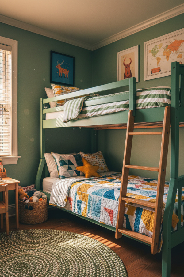 Bunk Bed in Kids Room, Sage Green Painted Wood, Natural Oak Ladder, Safety Rails, Sunlit Functional Kids Bedroom