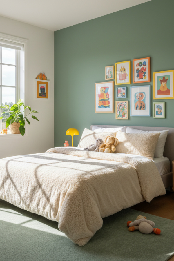 Kids Bed, Sage Green Accent Wall, Cream Bedding, Gallery Wall Display, Vibrant Calm Kids Bedroom