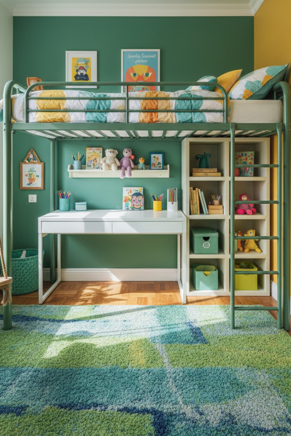 Loft Bed in Kids Room, Sage Green Metal Frame, White Desk Below, Play Space, Bright Versatile Kids Bedroom