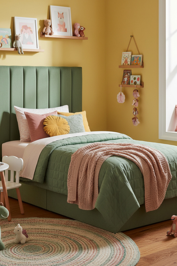Kids Bed, Sage Green Quilted Headboard, Blush Pink Accents, Floating Shelves, Sunlit Cozy Kids Bedroom