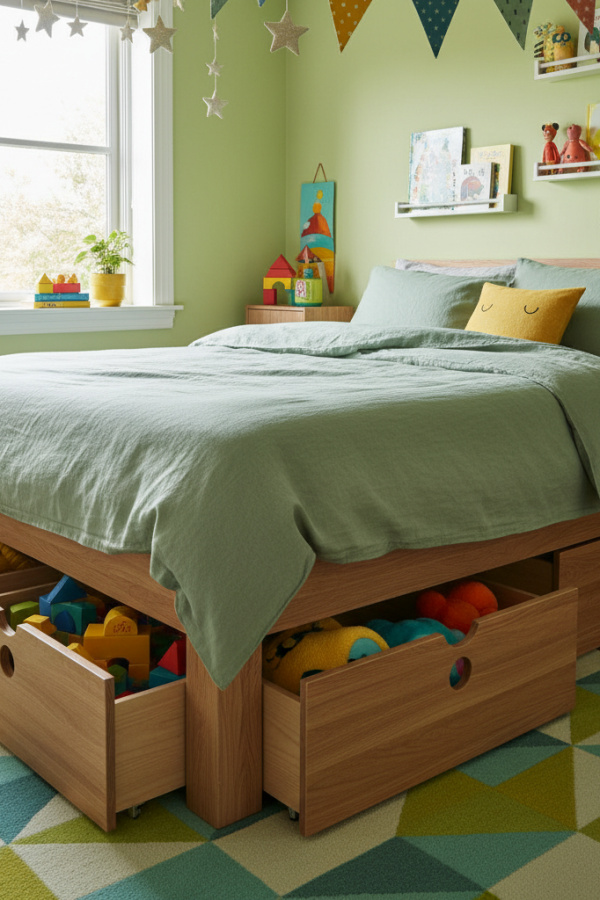 Platform Bed in Kids Room, Sage Green Linen, Natural Wood Base, Under-Bed Drawers, Vibrant Organized Kids Bedroom