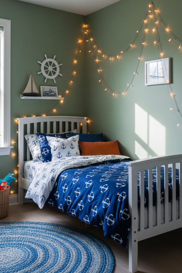 Kids Bed, Sage Green Painted Walls, Navy Blue Bedding, String Lights, Bright Nautical Kids Bedroom