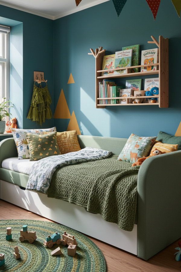 Daybed in Kids Room, Sage Green Upholstery, White Trundle, Reading Nook, Sunlit Multi-Purpose Kids Bedroom