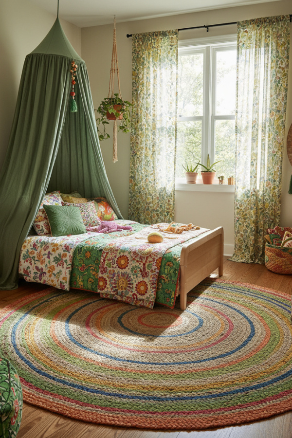 Kids Bed, Sage Green Canopy Draping, Natural Wood Frame, Woven Rug, Vibrant Bohemian Kids Bedroom