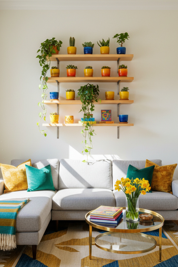 Small Living Room, Light Gray Sectional, Wall-Mounted Shelving, Minimalist Layout, Bright Airy Space Small Living Room, Light Gray Sectional, Wall-Mounted Shelving, Minimalist Layout, Bright Airy Space