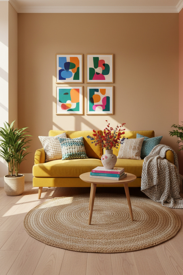 Small Living Room, Light Oak Furniture, Compact Loveseat, Vertical Art Display, Vibrant Cozy Space Small Living Room, Light Oak Furniture, Compact Loveseat, Vertical Art Display, Vibrant Cozy Space